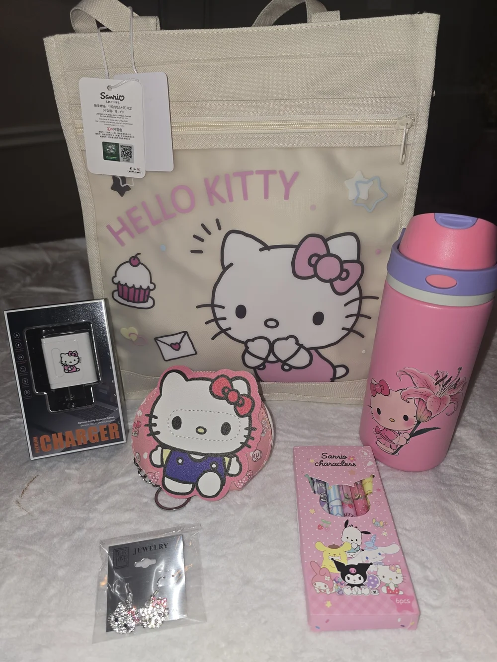 NEW Hello Kitty 6-Pc Sanrio Bundle Canvas Tote Bottle Charger Pen Set Jewelry